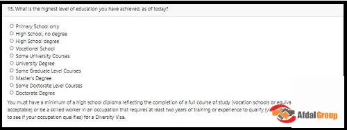 وارد کردن آخرین مدرک تحصیلی در ثبت نام لاتاری آمریکا