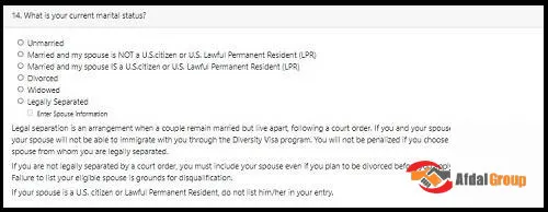 وارد کردن وضعیت تاهل در ثبت نام لاتاری آمریکا