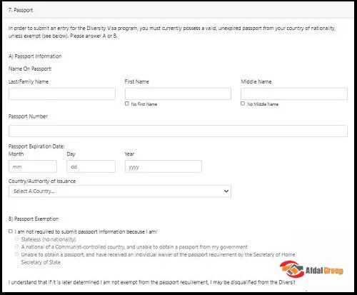 وارد کردن اطلاعات پاسپورت در ثبت نام لاتاری آمریکا